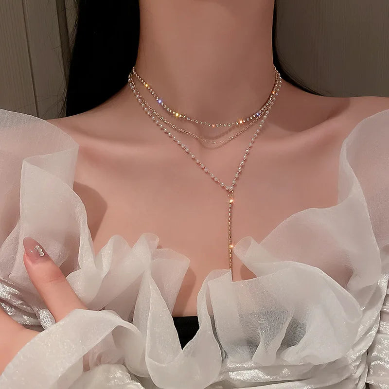 New Beads Women's Neck Chain Kpop Gold Pearl Choker Necklace