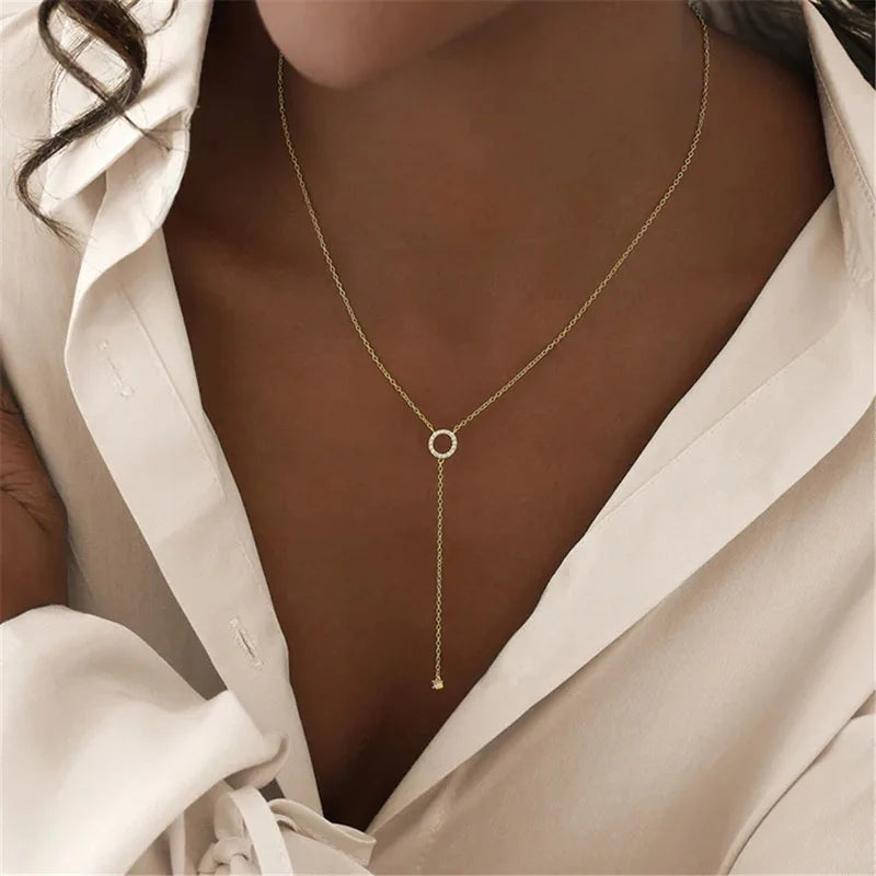 Sterling Silver Double-Deck Circle Zircon Pendant Long O-Chain