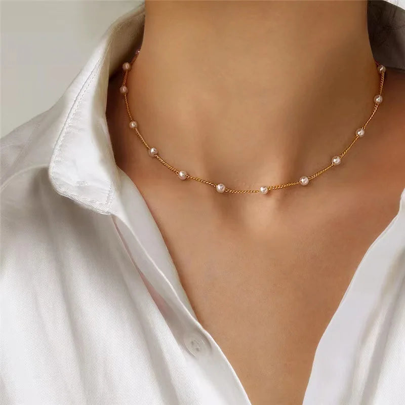 3pcs Women's Pearl Necklace Set 14K Gold