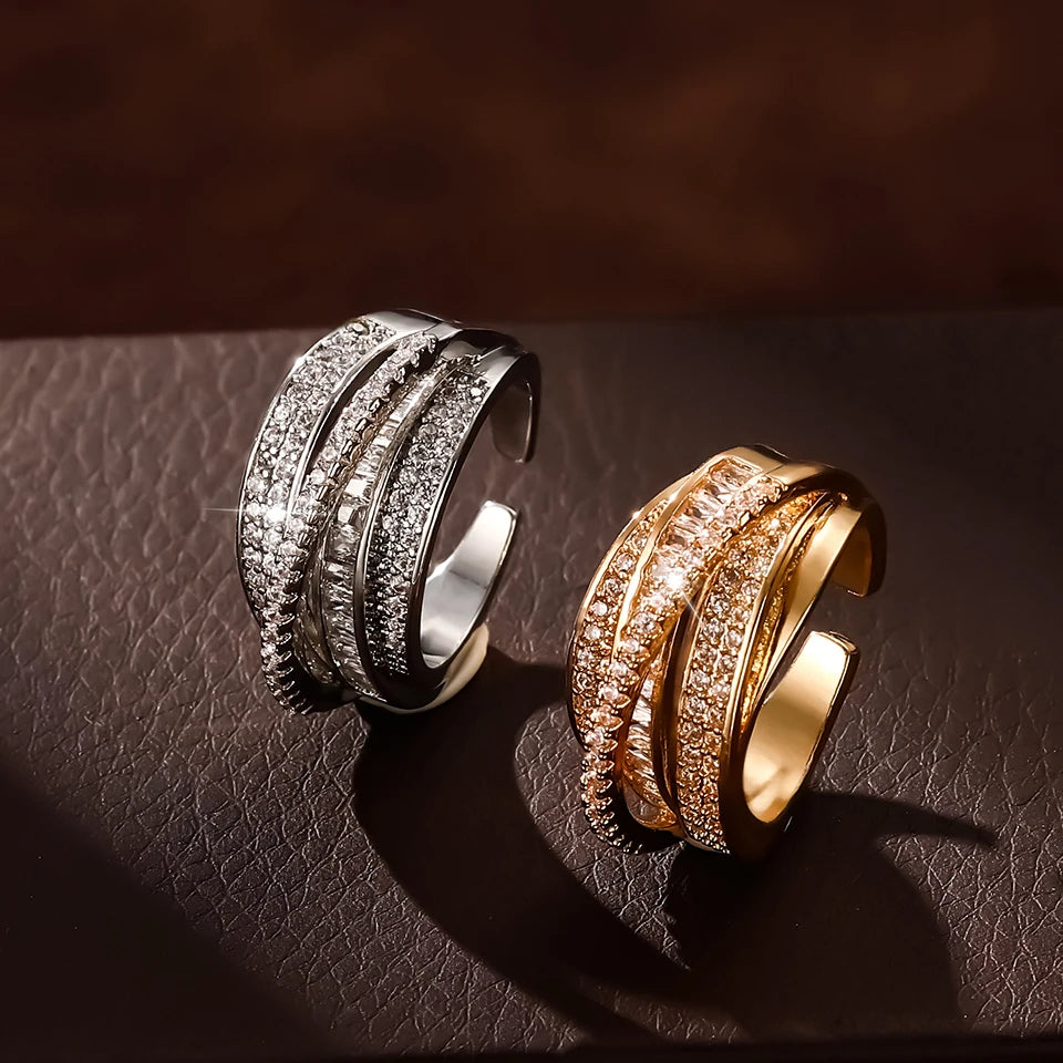 High Quality Copper Inlaid Zircon Multi-layer Star Opening Ring Women's Plated 18k-Gold