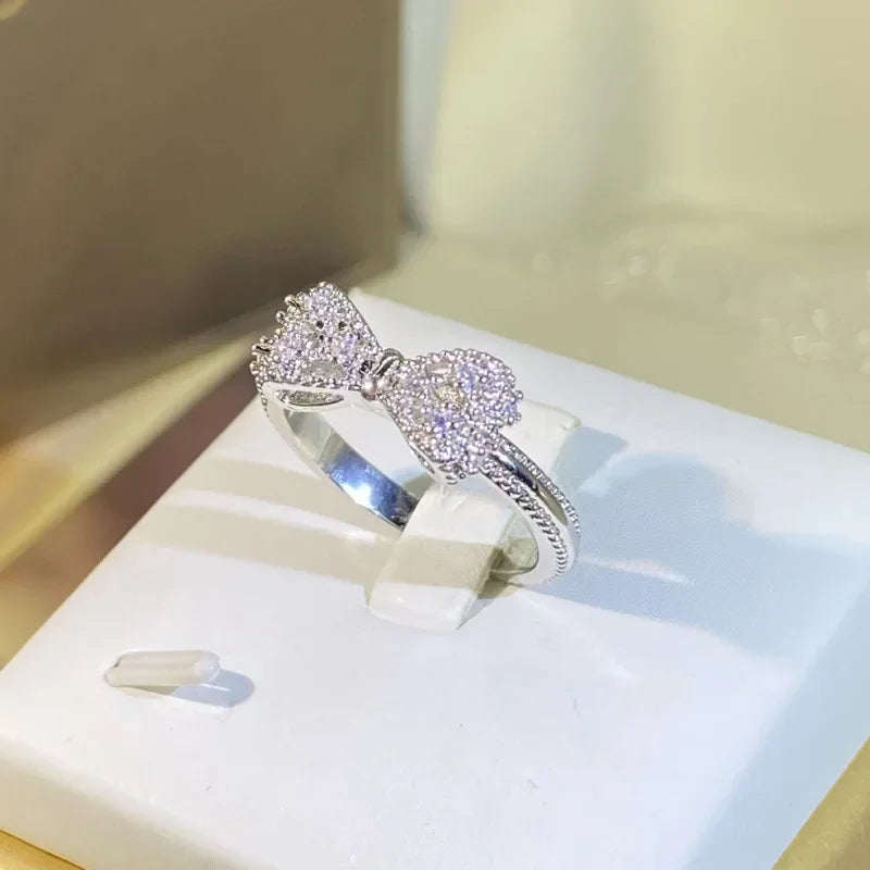 Fancy Bow Ring with Dazzling CZ Sterling Silver Color Women