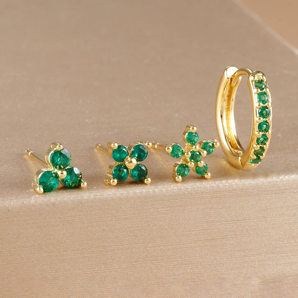 4PCS 18K Gold Plated Flower Round Piercing Earrings Set For Women