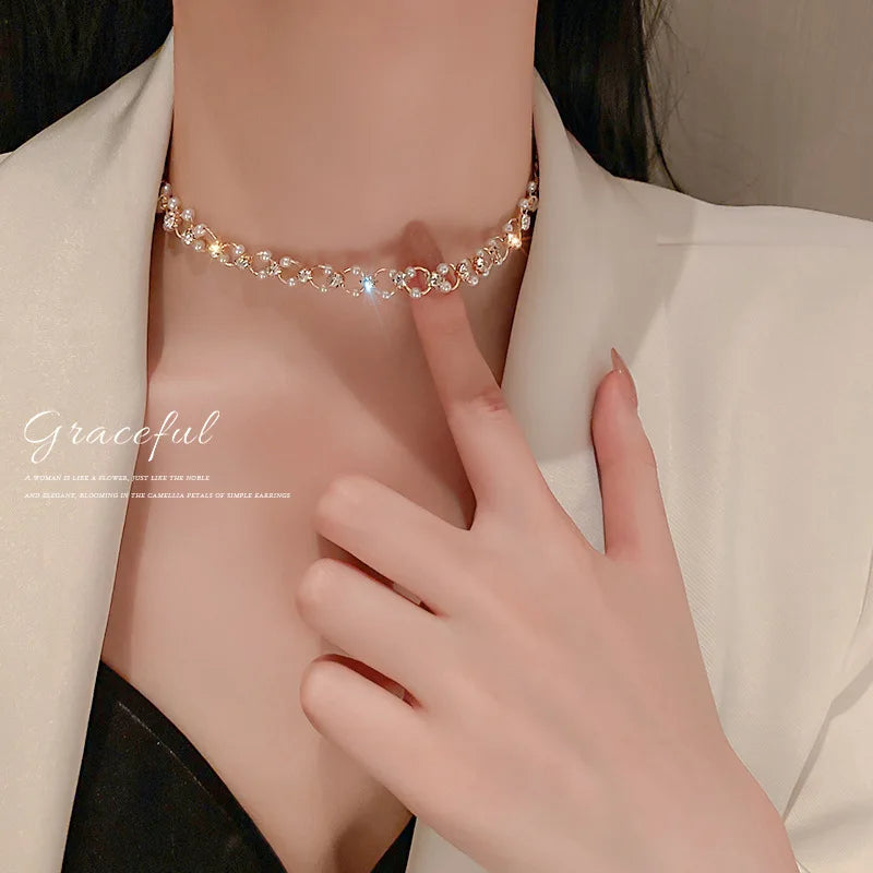 New Beads Women's Neck Chain Kpop Gold Pearl Choker Necklace