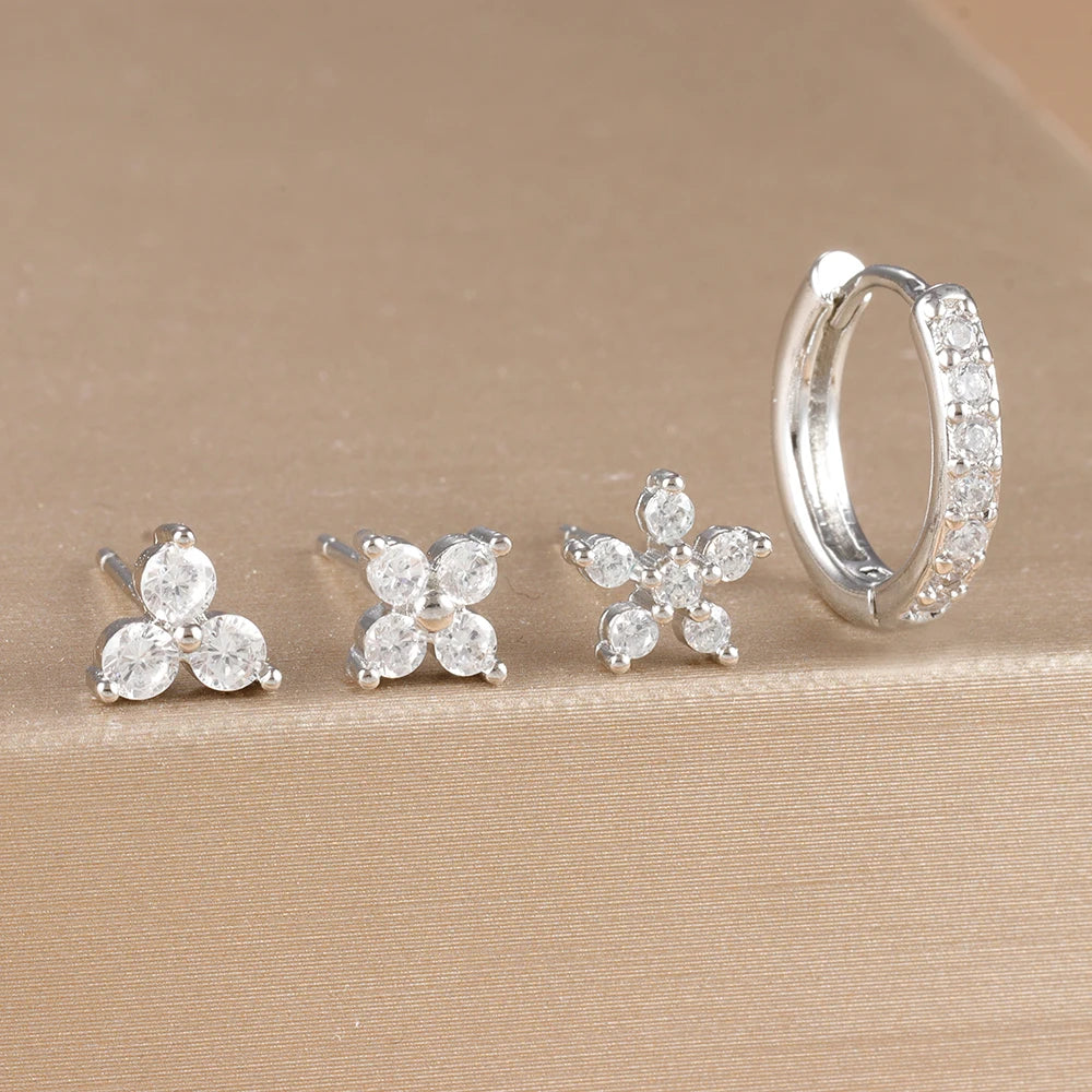 4PCS 18K Gold Plated Flower Round Piercing Earrings Set For Women