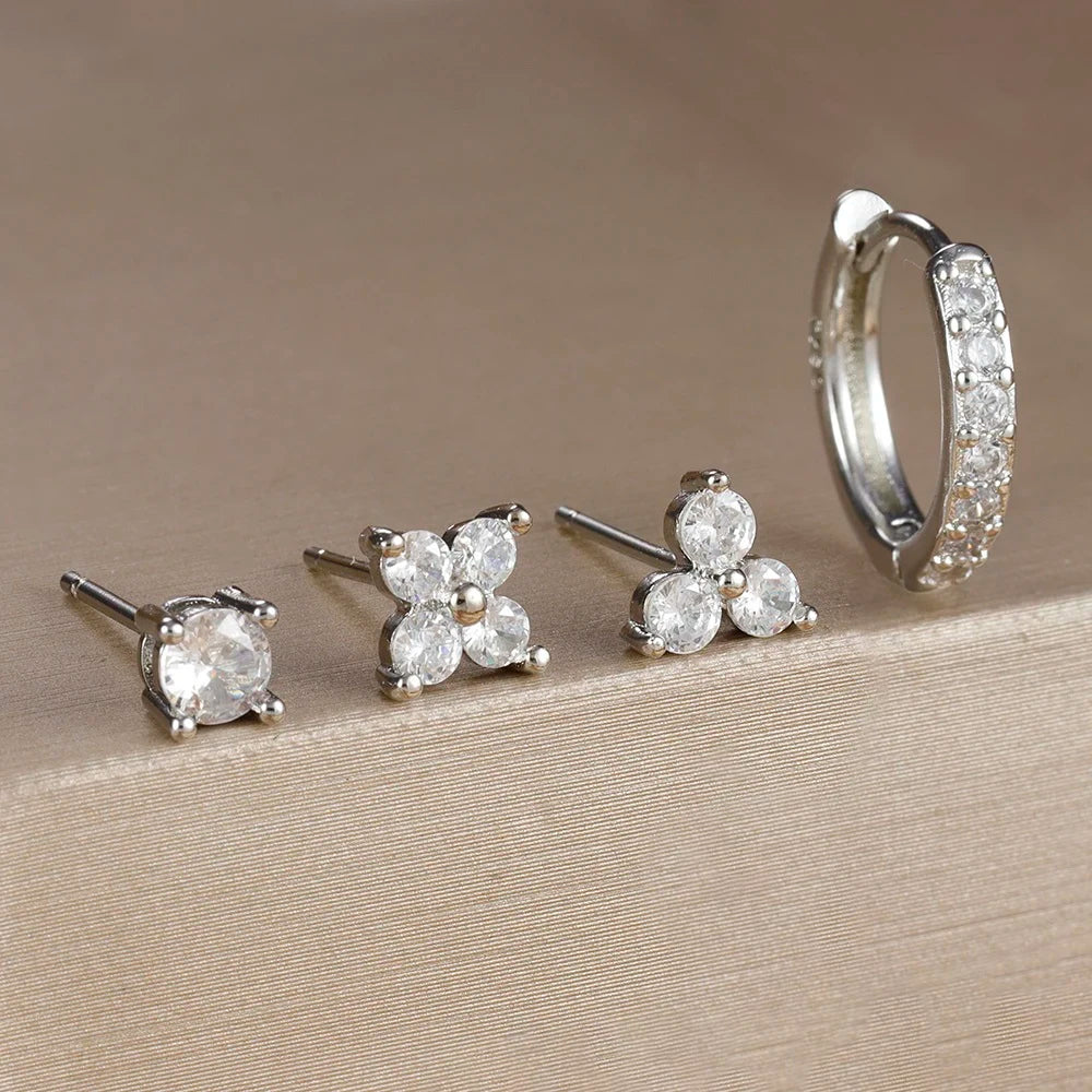 4PCS 18K Gold Plated Flower Round Piercing Earrings Set For Women
