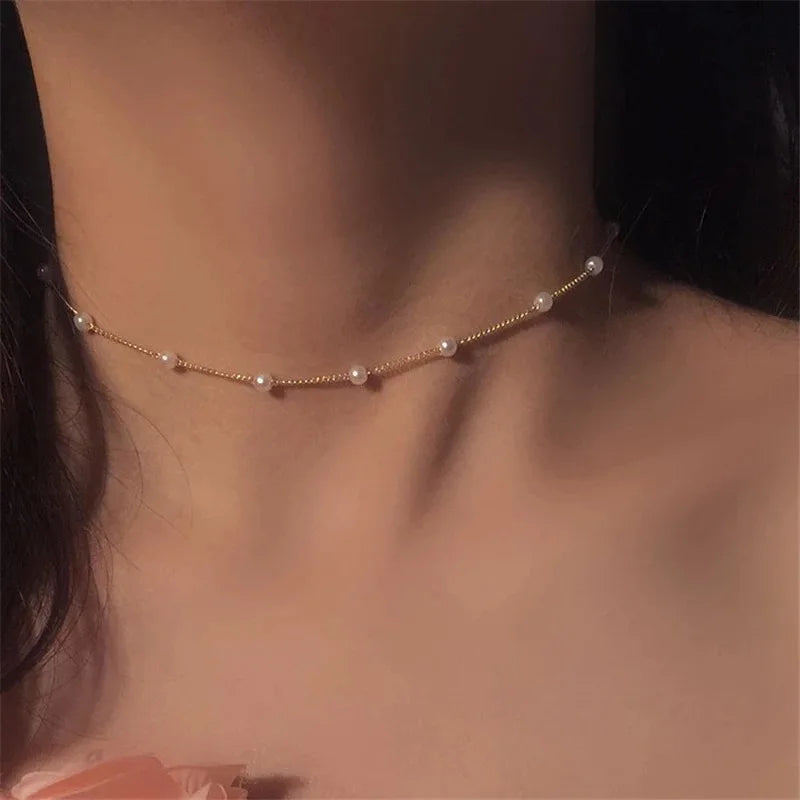 New Beads Women's Neck Chain Kpop Gold Pearl Choker Necklace