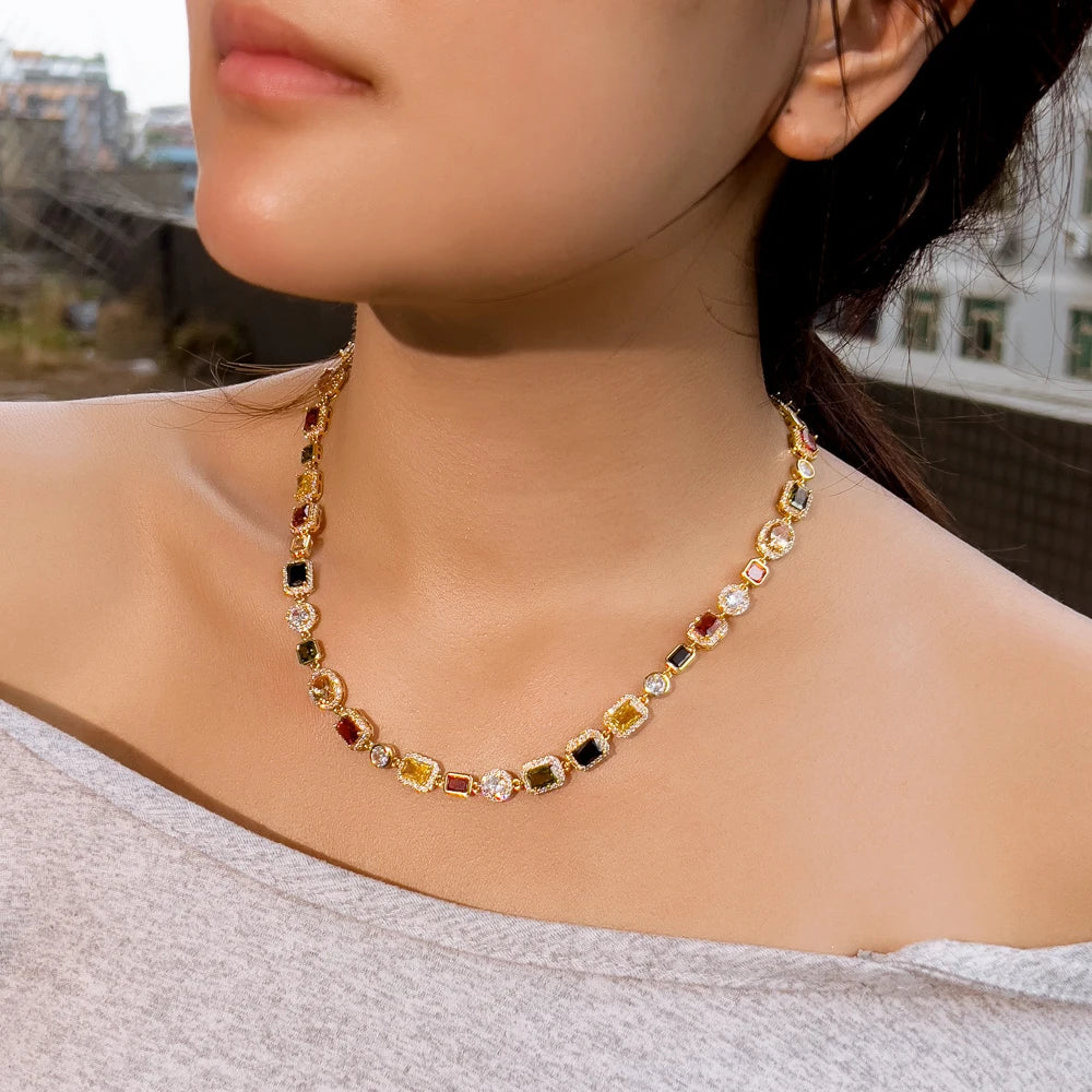 Vibrant Multi Color Cubic Irregular Chain Necklace for Women