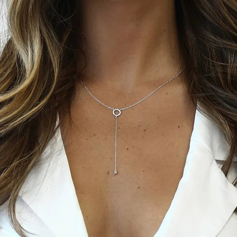 Sterling Silver Double-Deck Circle Zircon Pendant Long O-Chain