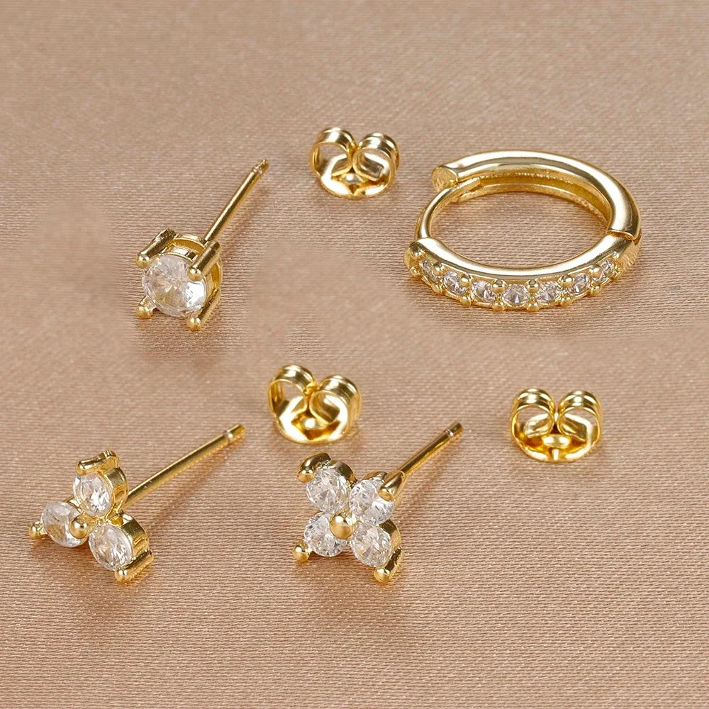 4PCS 18K Gold Plated Flower Round Piercing Earrings Set For Women