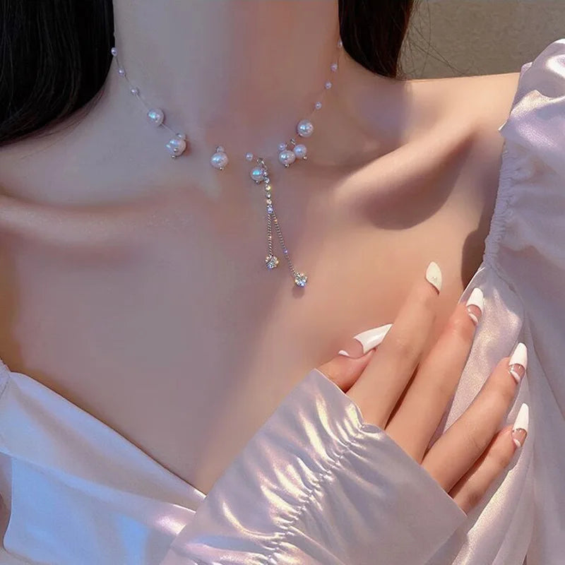 New Beads Women's Neck Chain Kpop Gold Pearl Choker Necklace
