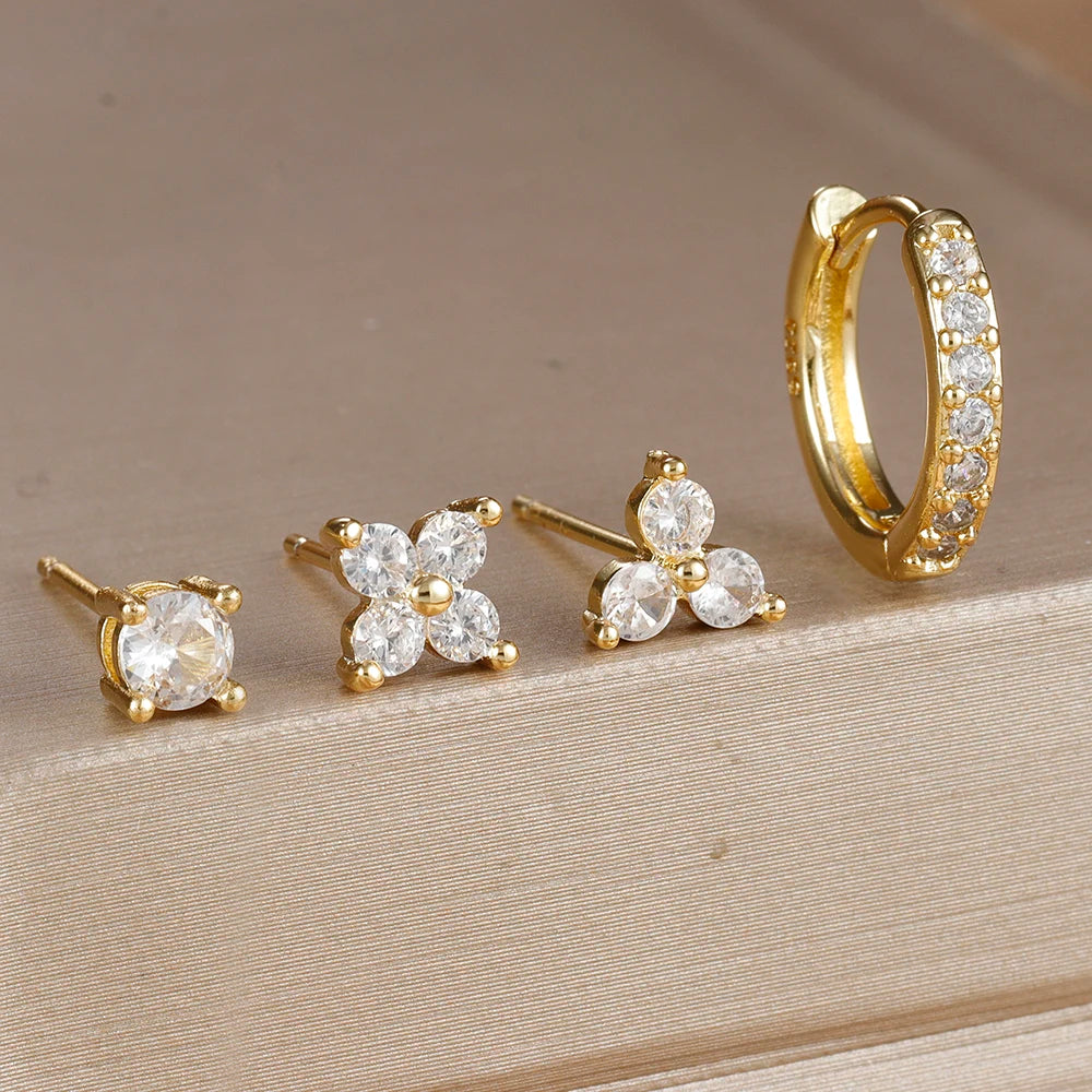 4PCS 18K Gold Plated Flower Round Piercing Earrings Set For Women
