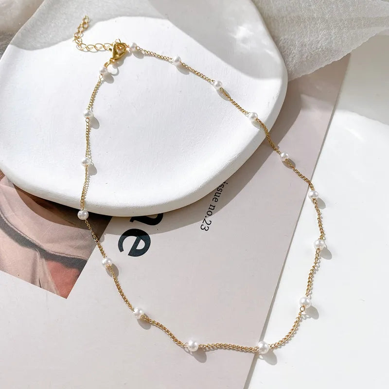 New Beads Women's Neck Chain Kpop Gold Pearl Choker Necklace