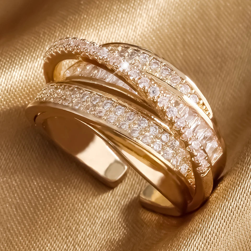 High Quality Copper Inlaid Zircon Multi-layer Star Opening Ring Women's Plated 18k-Gold