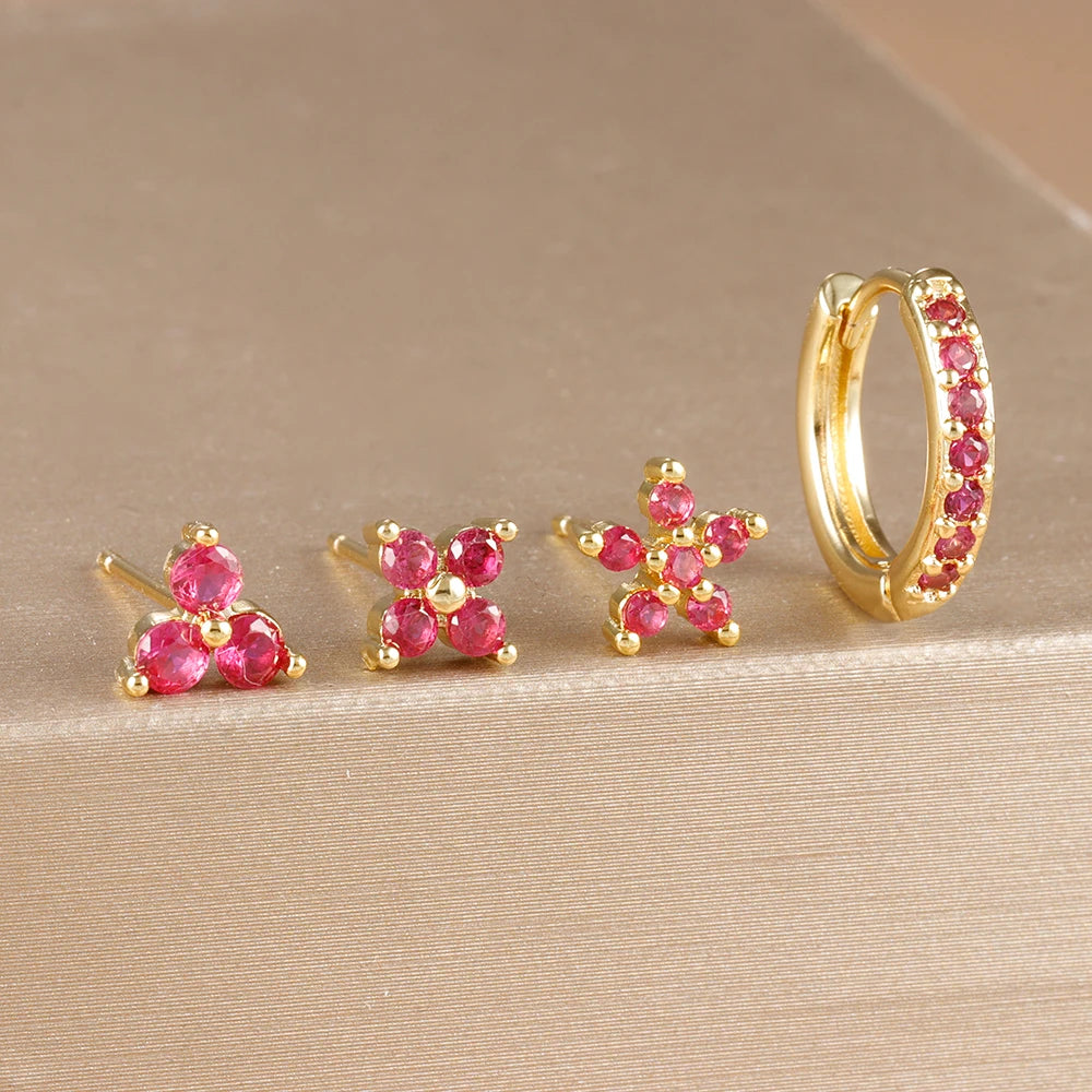 4PCS 18K Gold Plated Flower Round Piercing Earrings Set For Women