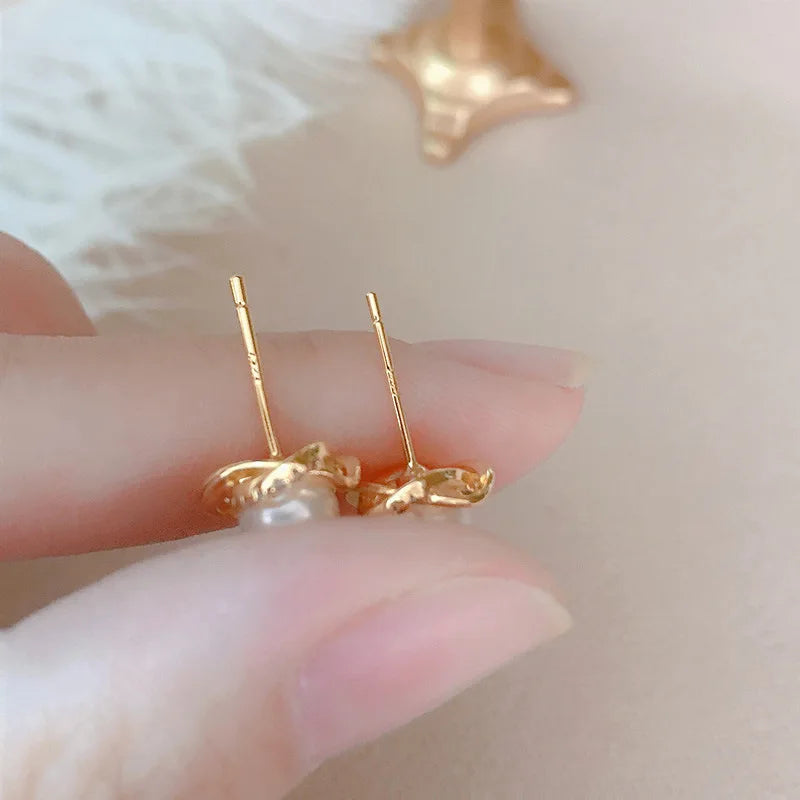 Upscale 14k Gold Jewelry Real Gold Earrings Zircon Pearl Twist Luxury Stud Earrings for Women