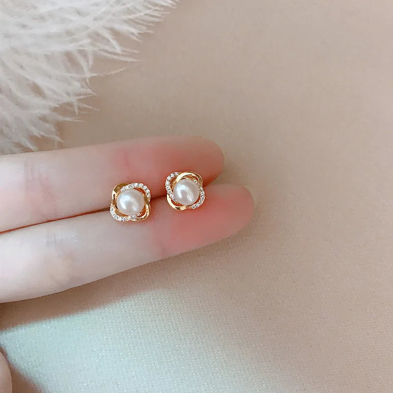 Upscale 14k Gold Jewelry Real Gold Earrings Zircon Pearl Twist Luxury Stud Earrings for Women