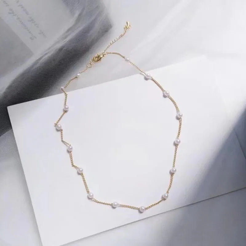 New Beads Women's Neck Chain Kpop Gold Pearl Choker Necklace