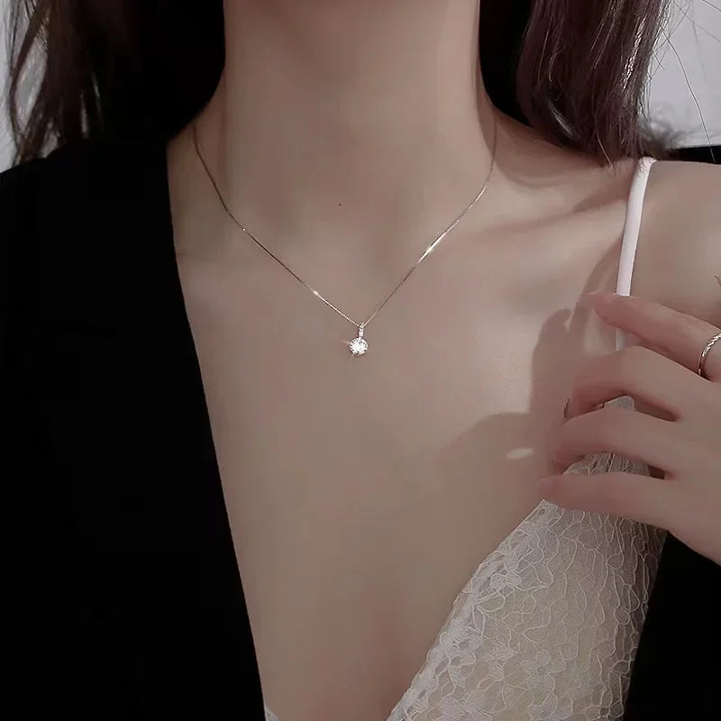 Sterling Silver Round Zircon Necklace Minimalist Style
