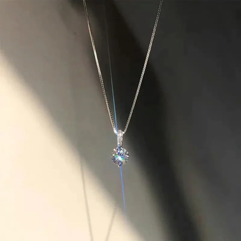 Sterling Silver Round Zircon Necklace Minimalist Style