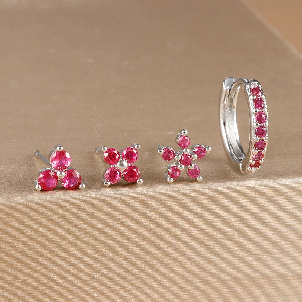 4PCS 18K Gold Plated Flower Round Piercing Earrings Set For Women