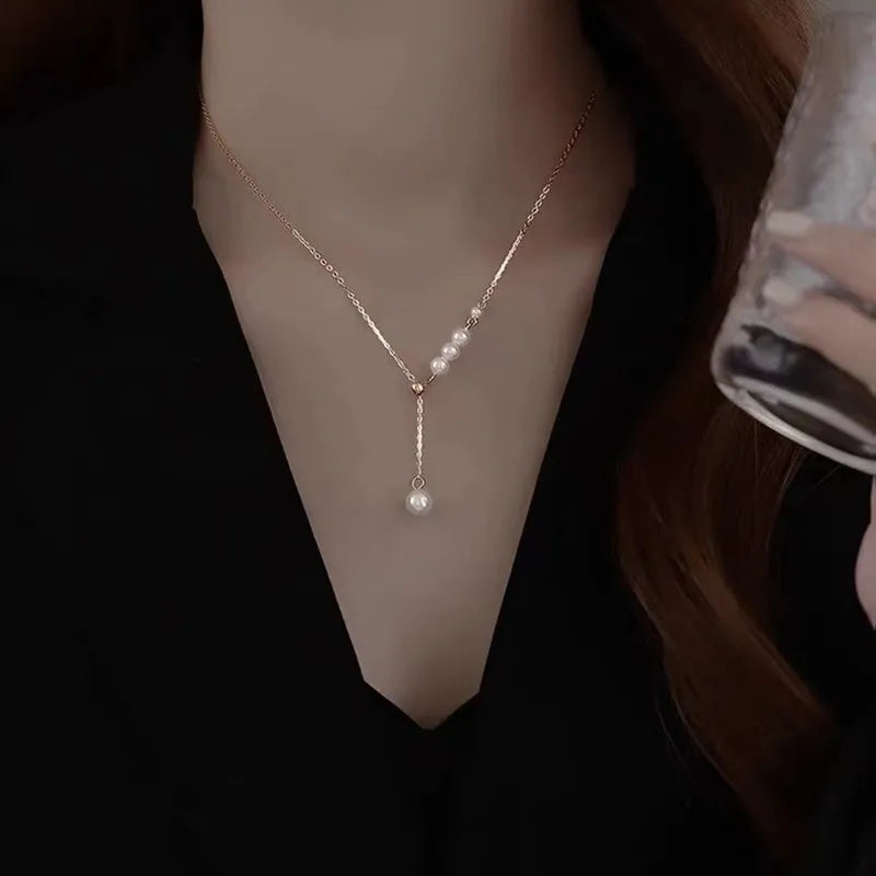 New Beads Women's Neck Chain Kpop Gold Pearl Choker Necklace