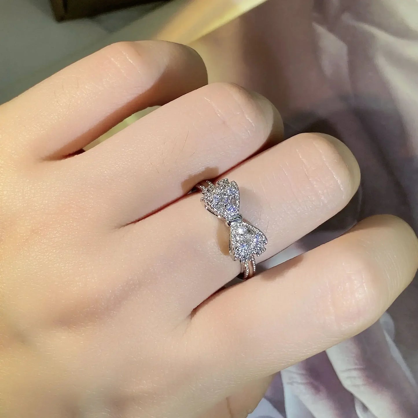 Fancy Bow Ring with Dazzling CZ Sterling Silver Color Women