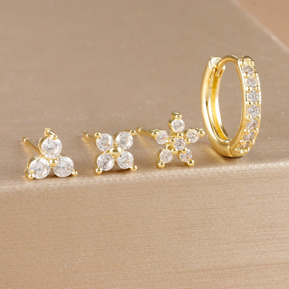 4PCS 18K Gold Plated Flower Round Piercing Earrings Set For Women