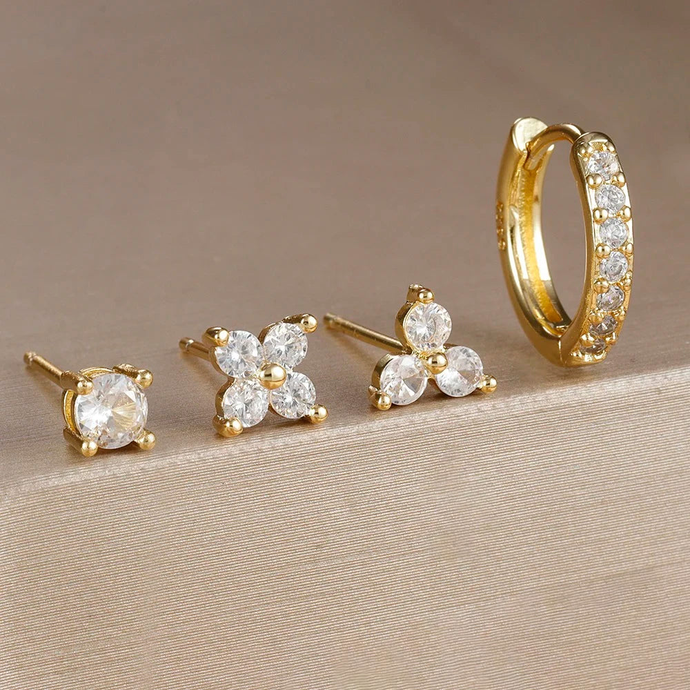 4PCS 18K Gold Plated Flower Round Piercing Earrings Set For Women