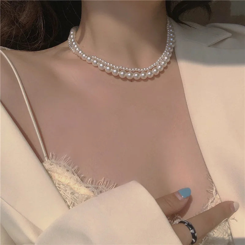 New Beads Women's Neck Chain Kpop Gold Pearl Choker Necklace