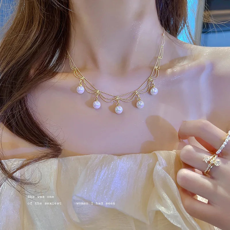 New Beads Women's Neck Chain Kpop Gold Pearl Choker Necklace