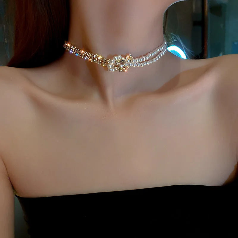 New Beads Women's Neck Chain Kpop Gold Pearl Choker Necklace