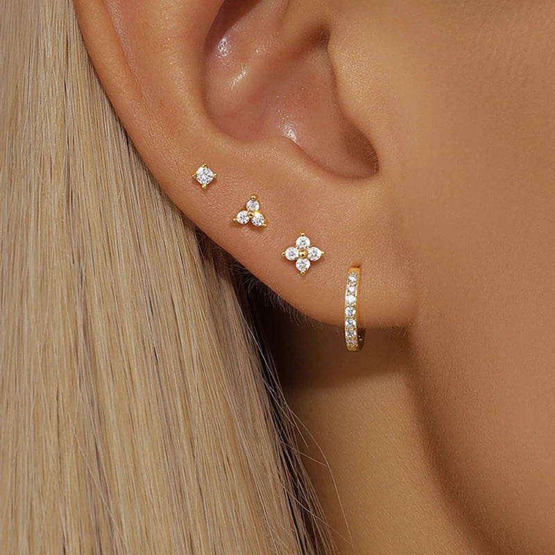4PCS 18K Gold Plated Flower Round Piercing Earrings Set For Women