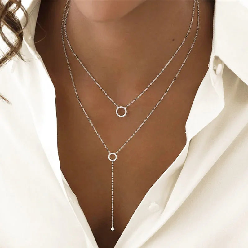 Sterling Silver Double-Deck Circle Zircon Pendant Long O-Chain