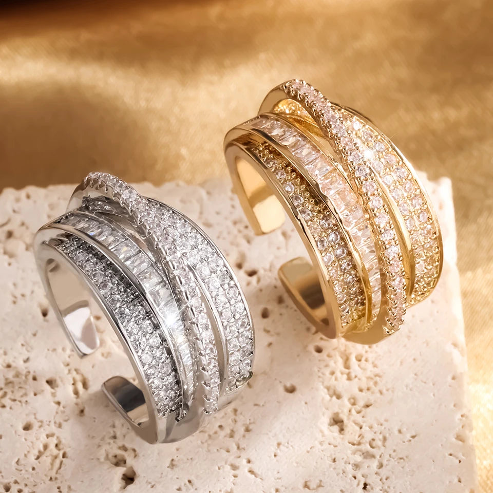 High Quality Copper Inlaid Zircon Multi-layer Star Opening Ring Women's Plated 18k-Gold