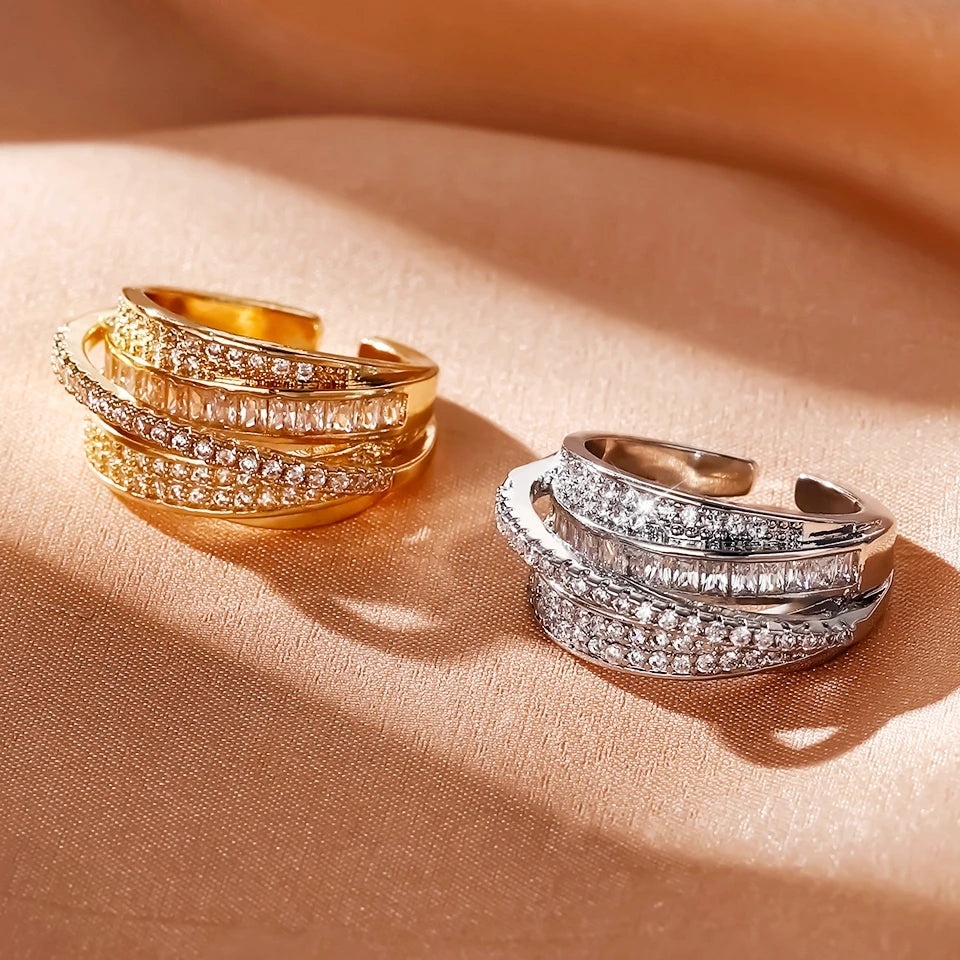 High Quality Copper Inlaid Zircon Multi-layer Star Opening Ring Women's Plated 18k-Gold