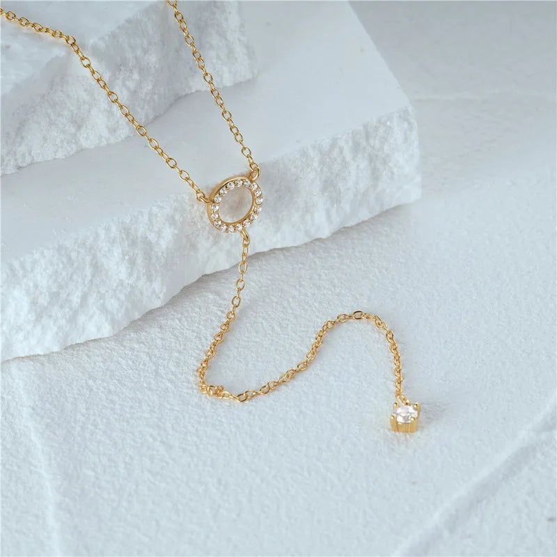 Sterling Silver Double-Deck Circle Zircon Pendant Long O-Chain