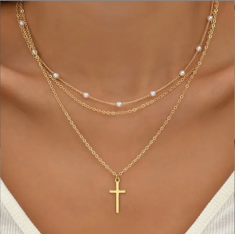 3pcs Women's Pearl Necklace Set 14K Gold