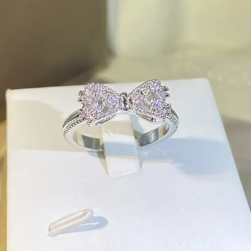 Fancy Bow Ring with Dazzling CZ Sterling Silver Color Women