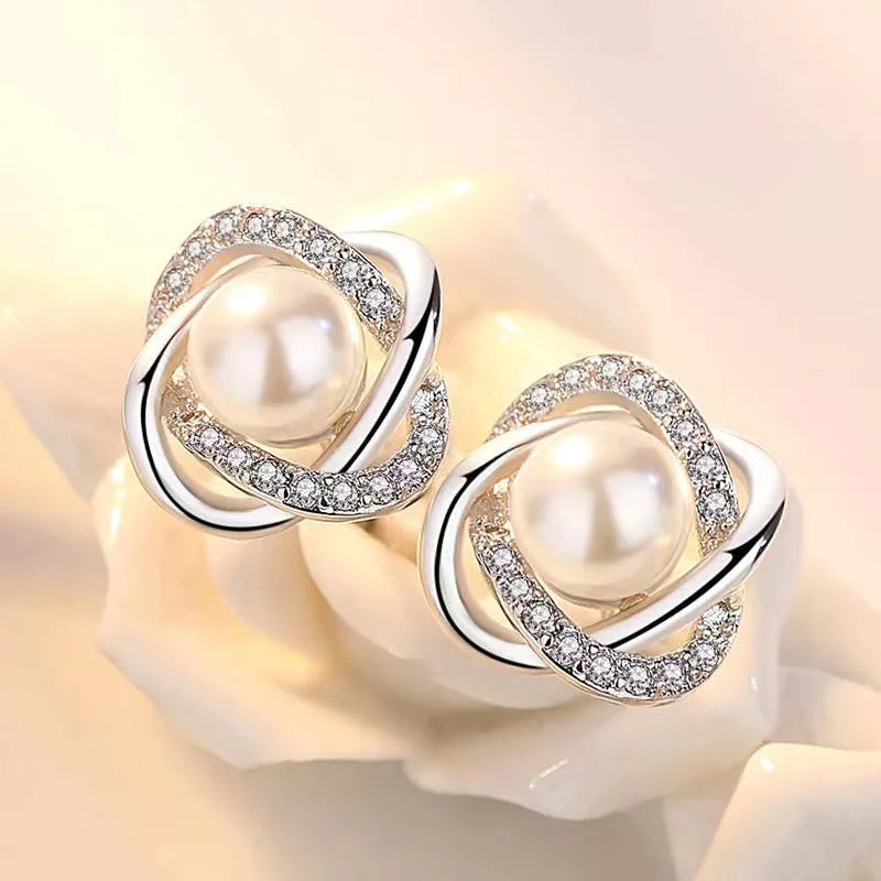 Upscale 14k Gold Jewelry Real Gold Earrings Zircon Pearl Twist Luxury Stud Earrings for Women