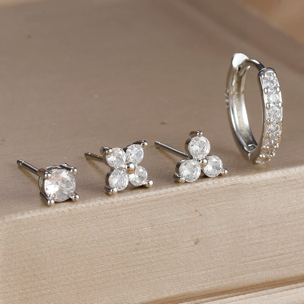 4PCS 18K Gold Plated Flower Round Piercing Earrings Set For Women