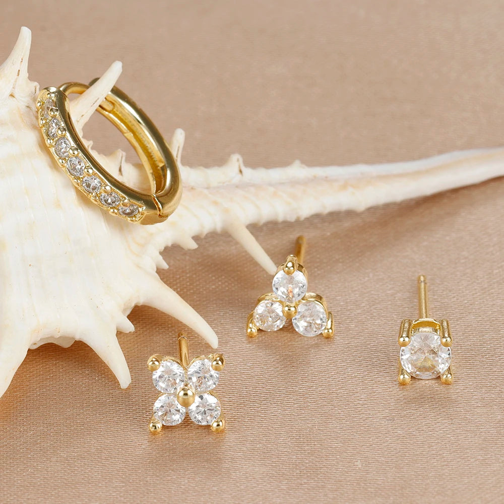 4PCS 18K Gold Plated Flower Round Piercing Earrings Set For Women