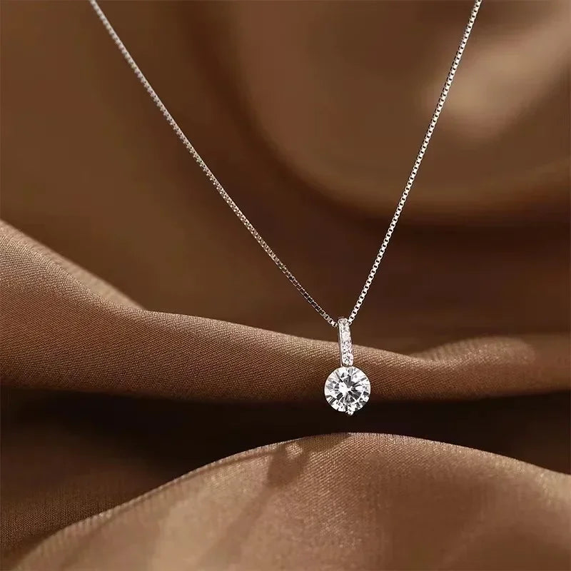 Sterling Silver Round Zircon Necklace Minimalist Style