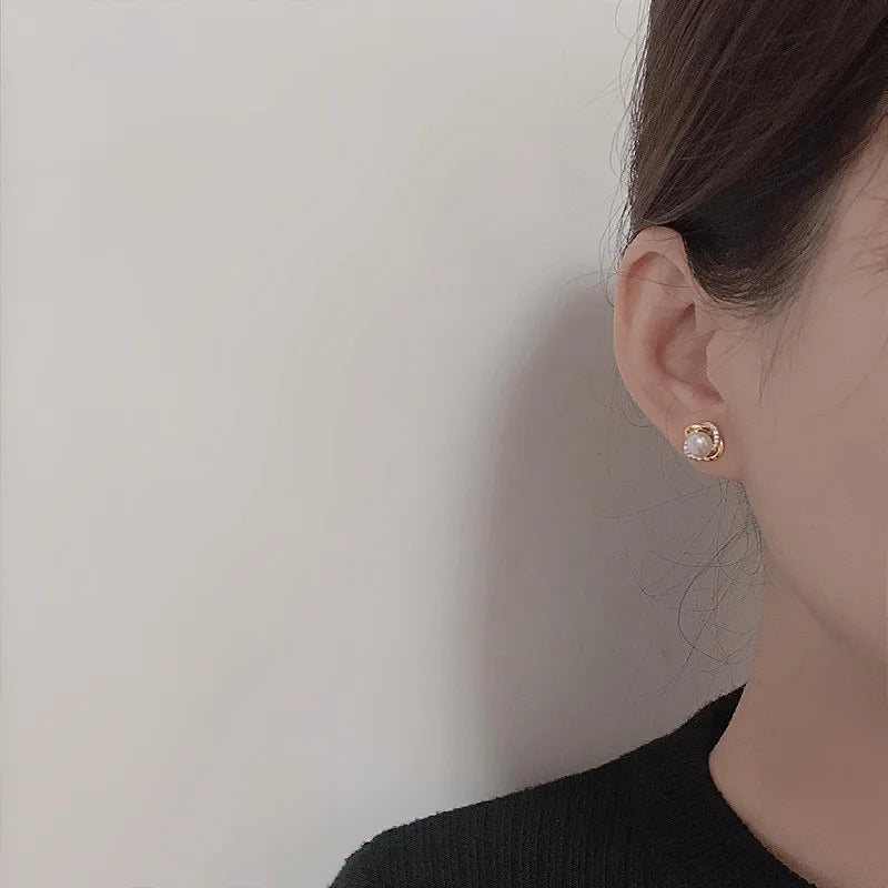 Upscale 14k Gold Jewelry Real Gold Earrings Zircon Pearl Twist Luxury Stud Earrings for Women