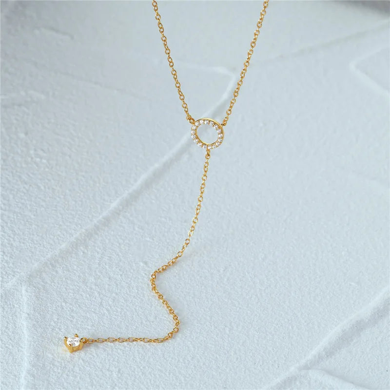 Sterling Silver Double-Deck Circle Zircon Pendant Long O-Chain