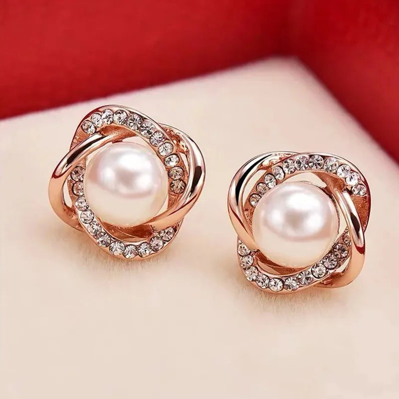 Upscale 14k Gold Jewelry Real Gold Earrings Zircon Pearl Twist Luxury Stud Earrings for Women