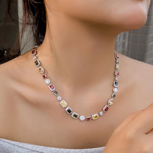 Vibrant Multi Color Cubic Irregular Chain Necklace for Women