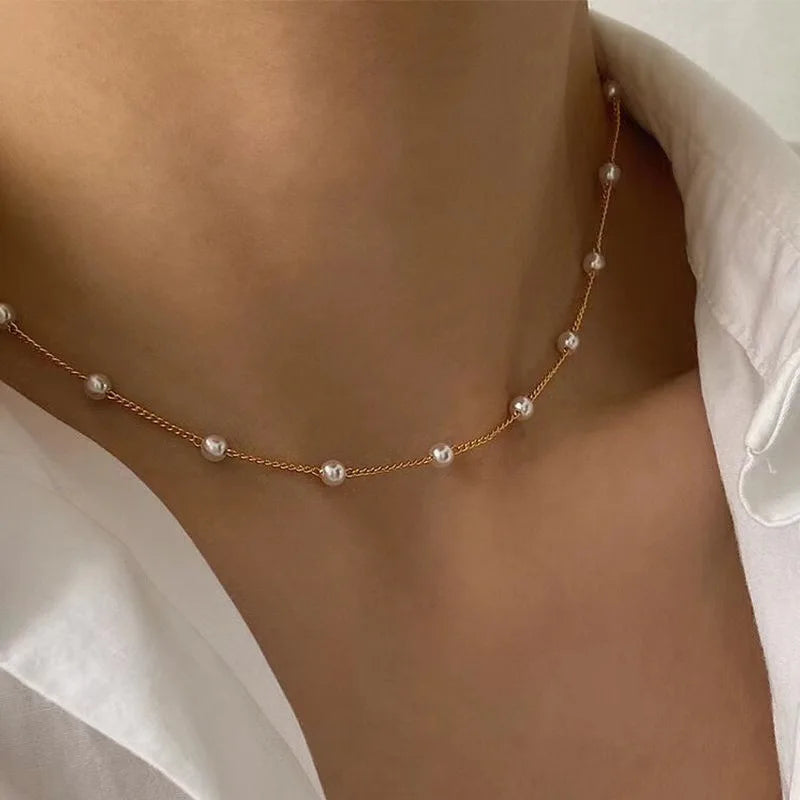 New Beads Women's Neck Chain Kpop Gold Pearl Choker Necklace