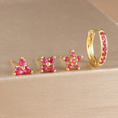 4PCS 18K Gold Plated Flower Round Piercing Earrings Set For Women