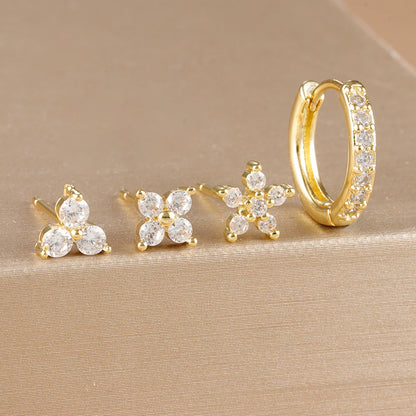 4PCS 18K Gold Plated Flower Round Piercing Earrings Set For Women