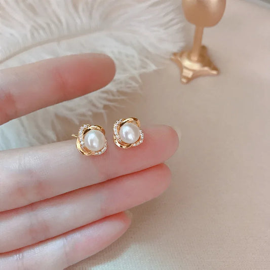 Upscale 14k Gold Jewelry Real Gold  Earrings Zircon Pearl Twist Luxury Stud Earrings for Women